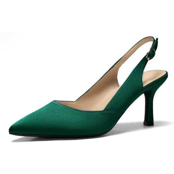 Shoes - Women's Satin Green Faux Leather Pointed Toe Slingback Stylish Buckle Pump Shoes